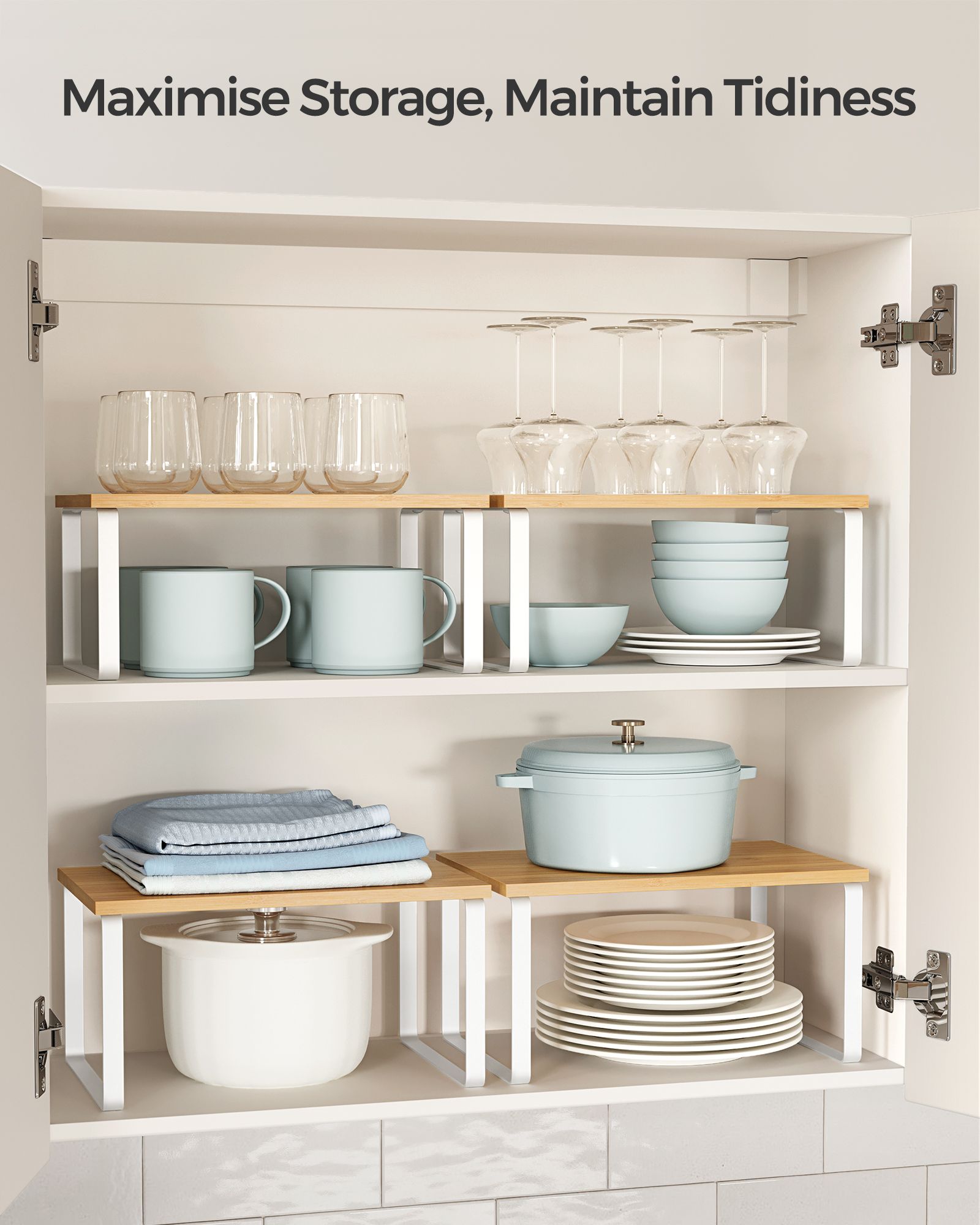 Set of 2 Stackable Spice Racks – Metal and Engineered Wood – Apricot Orange – Expandable Kitchen Shelf Organiser