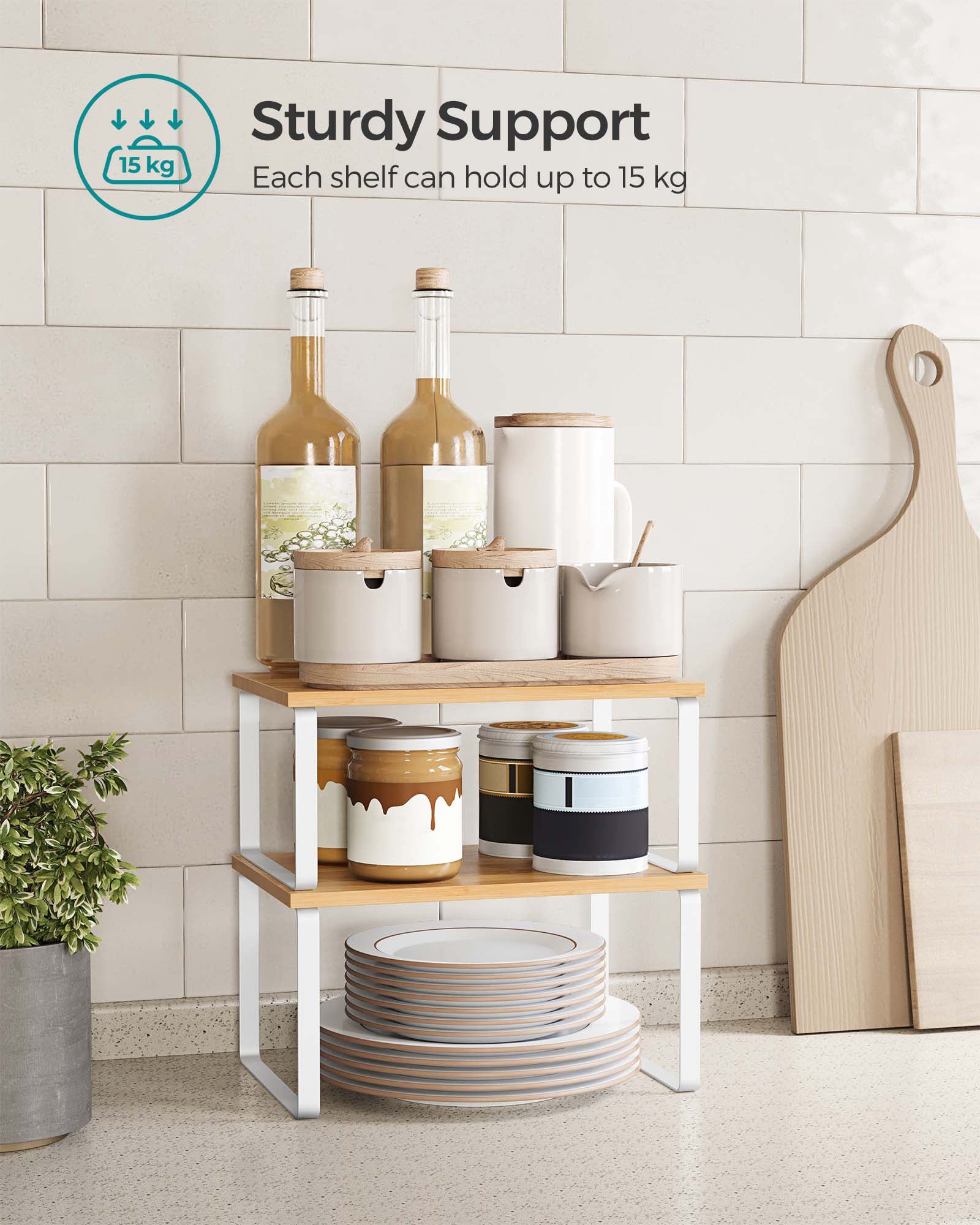 Set of 2 Stackable Spice Racks – Metal and Engineered Wood – Apricot Orange – Expandable Kitchen Shelf Organiser