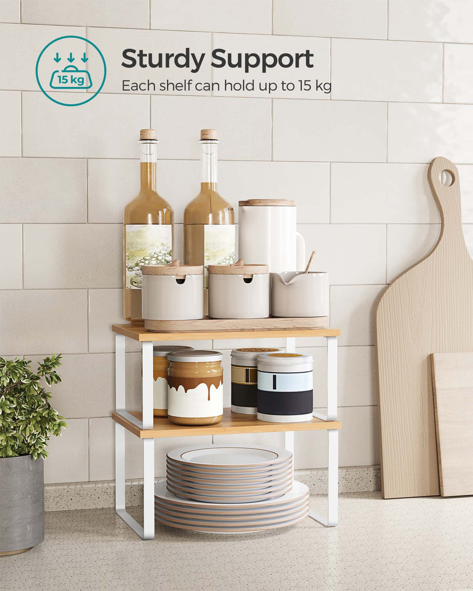 Set of 2 Stackable Spice Racks – Metal and Engineered Wood – Apricot Orange – Expandable Kitchen Shelf Organiser