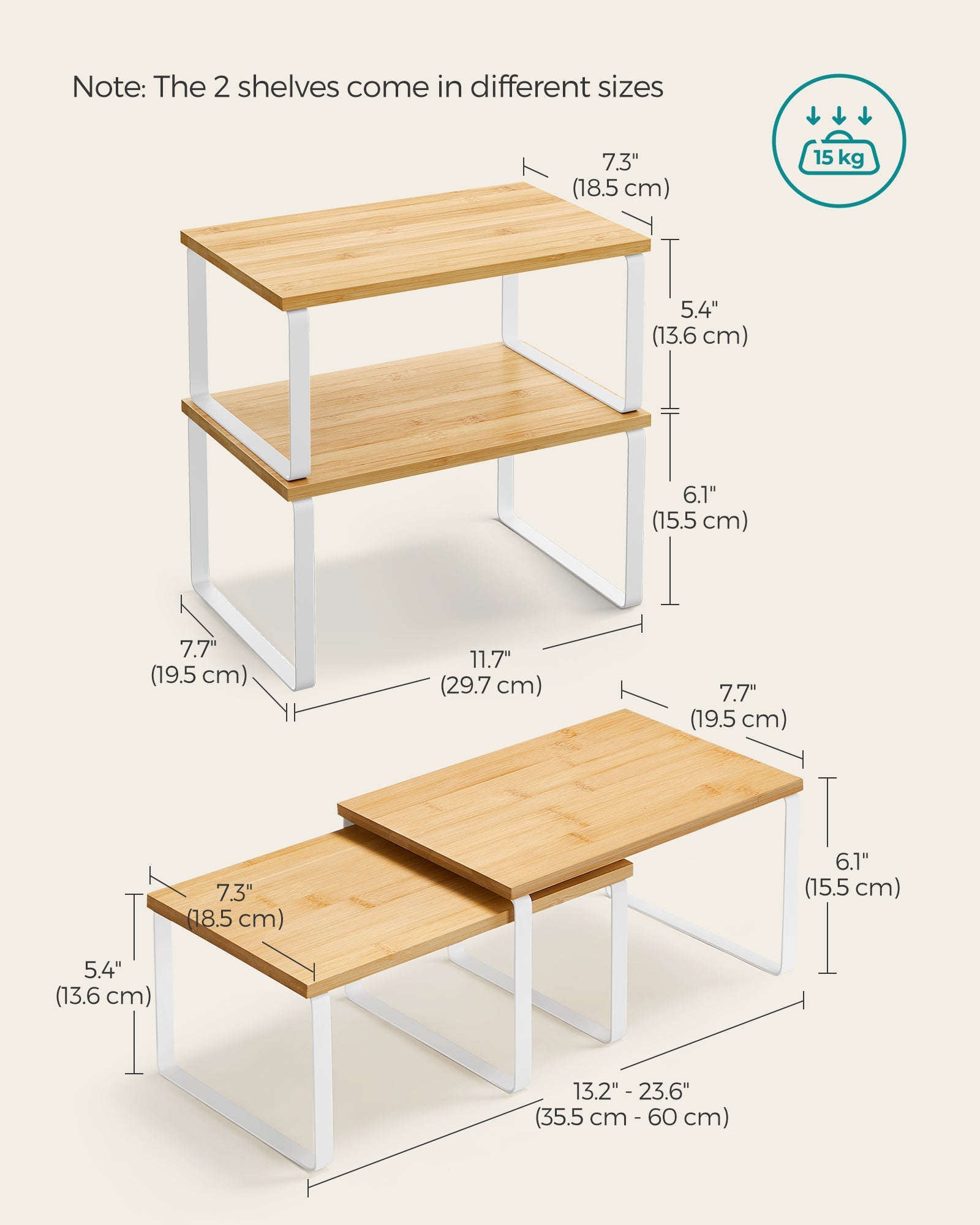 Set of 2 Stackable Spice Racks – Metal and Engineered Wood – Apricot Orange – Expandable Kitchen Shelf Organiser