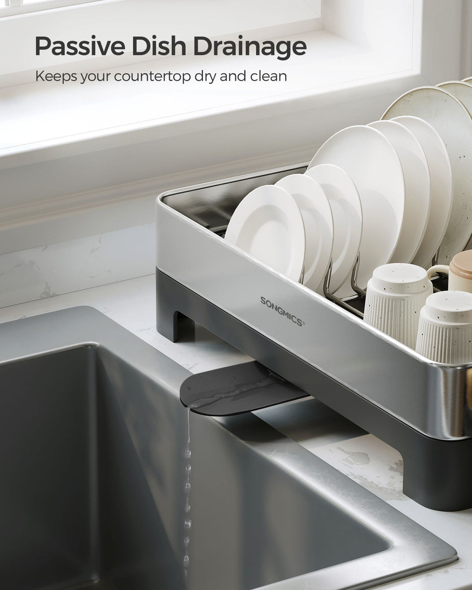 Dish Drying Rack – Stainless Steel – Fingerprint-Resistant – Includes Rotatable Spout and Drainboard