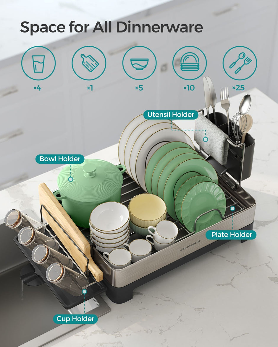 Dish Drying Rack – Stainless Steel – Fingerprint-Resistant – Includes Rotatable Spout and Drainboard