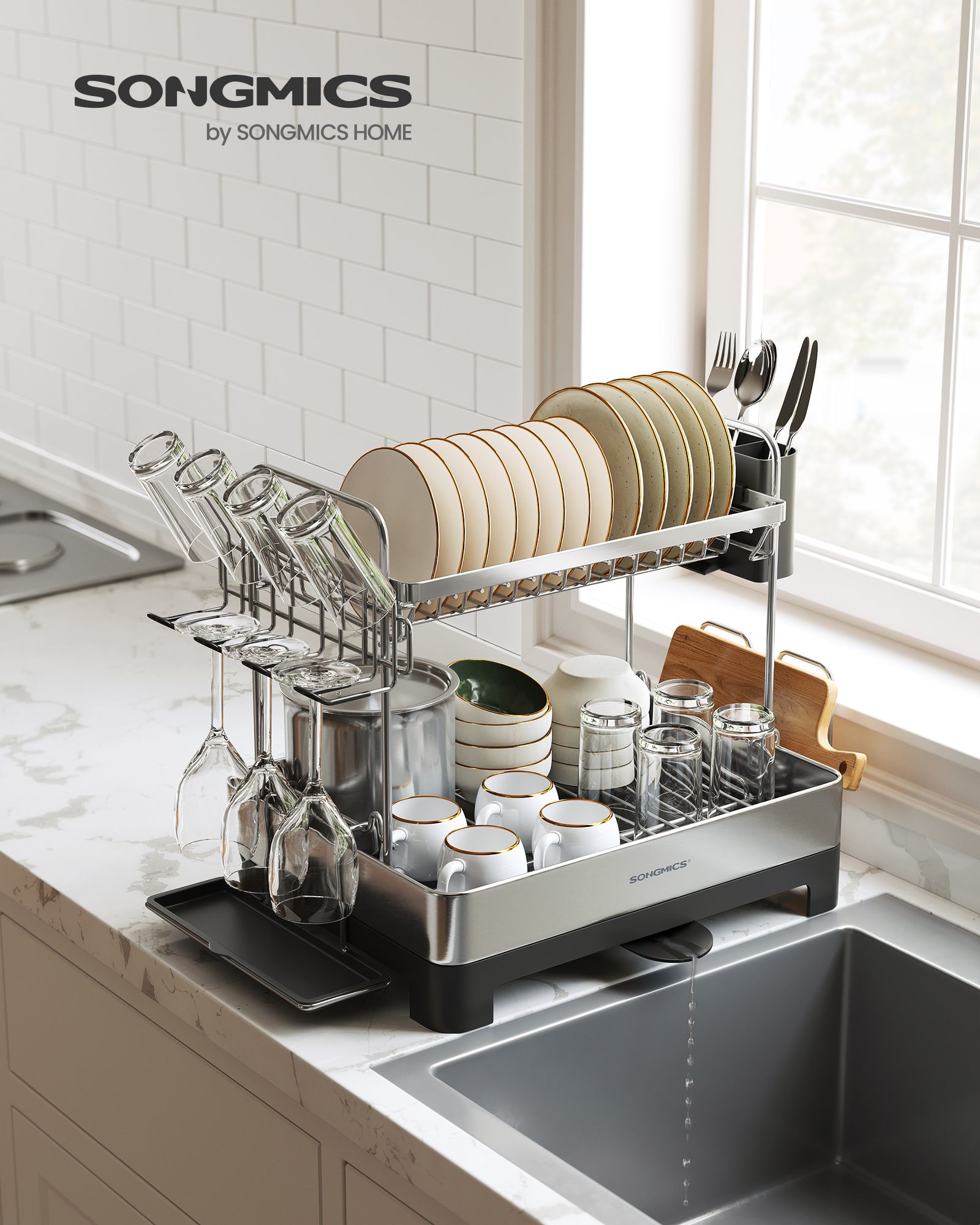 2-Tier Dish Drainer – Metal – Silver – Rotatable and Extendable Drain Spout with Draining Board and Drip Tray