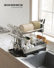 2-Tier Dish Drainer – Metal – Silver – Rotatable and Extendable Drain Spout with Draining Board and Drip Tray