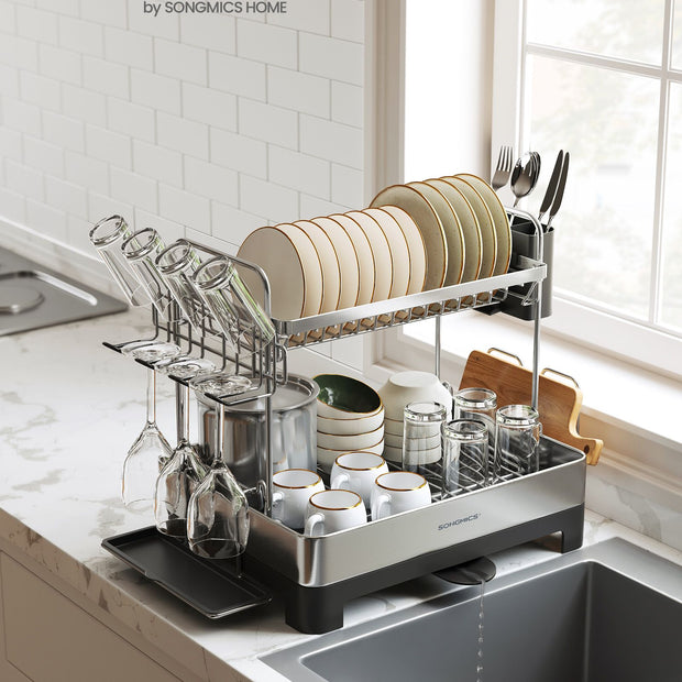 2-Tier Dish Drainer – Metal – Silver – Rotatable and Extendable Drain Spout with Draining Board and Drip Tray