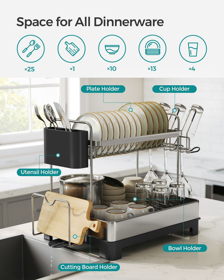 2-Tier Dish Drainer – Metal – Silver – Rotatable and Extendable Drain Spout with Draining Board and Drip Tray