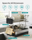 2-Tier Dish Drainer – Metal – Silver – Rotatable and Extendable Drain Spout with Draining Board and Drip Tray