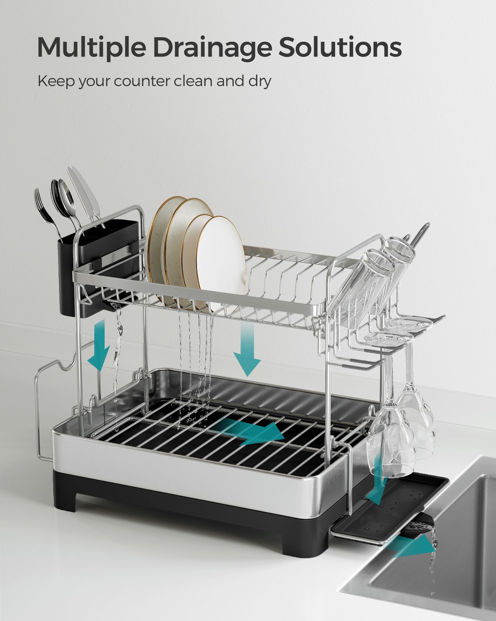 2-Tier Dish Drainer – Metal – Silver – Rotatable and Extendable Drain Spout with Draining Board and Drip Tray