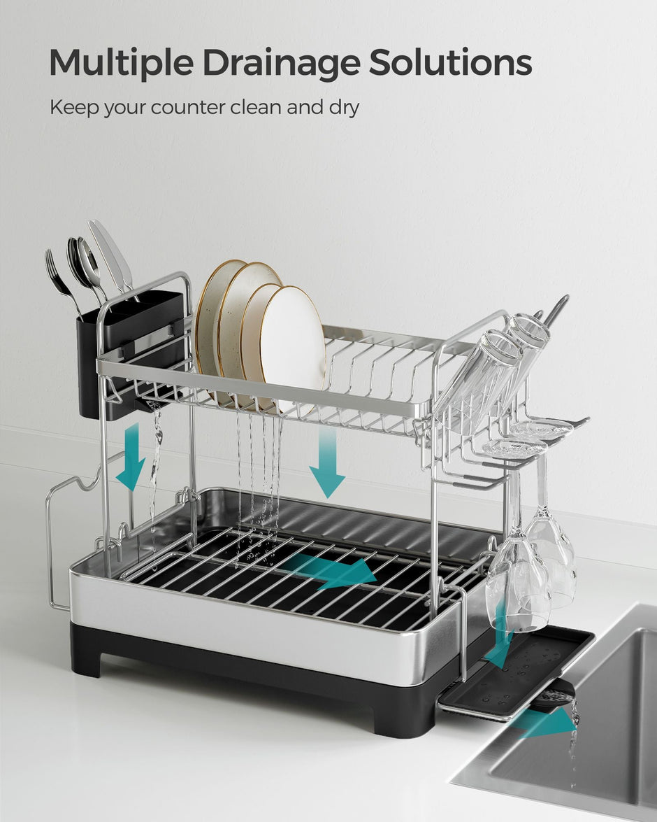 2-Tier Dish Drainer – Metal – Silver – Rotatable and Extendable Drain Spout with Draining Board and Drip Tray