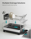 2-Tier Dish Drainer – Metal – Silver – Rotatable and Extendable Drain Spout with Draining Board and Drip Tray