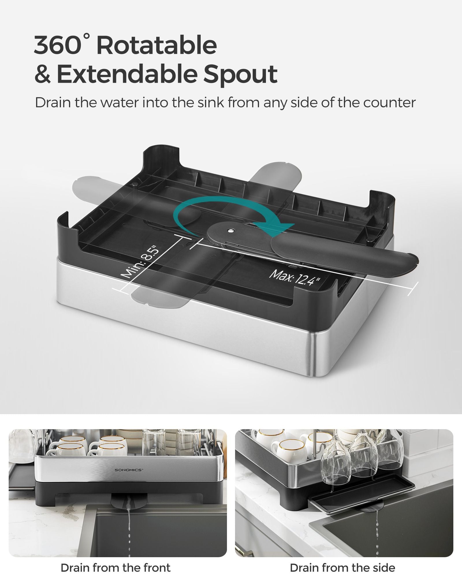 2-Tier Dish Drainer – Metal – Silver – Rotatable and Extendable Drain Spout with Draining Board and Drip Tray