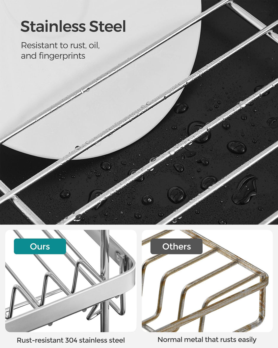 2-Tier Dish Drainer – Metal – Silver – Rotatable and Extendable Drain Spout with Draining Board and Drip Tray