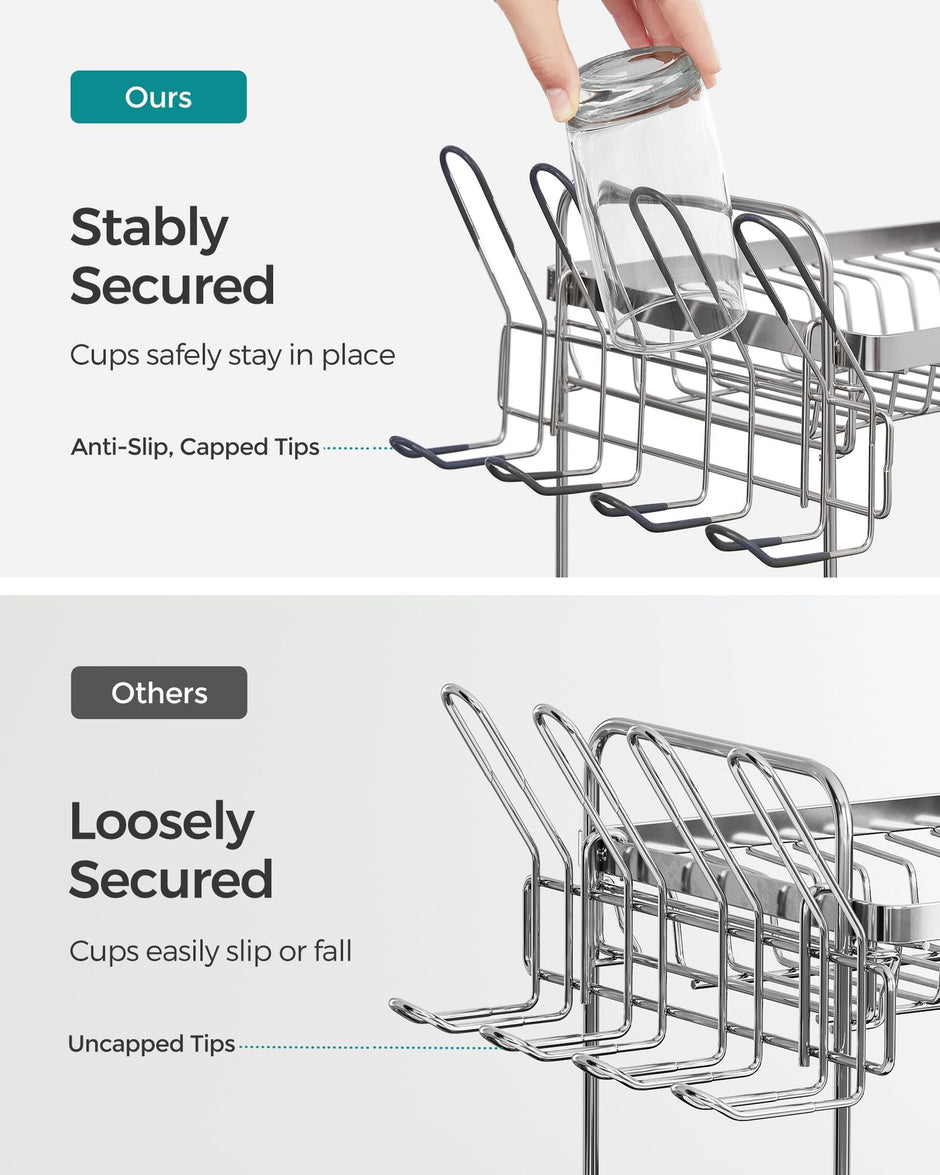 2-Tier Dish Drainer – Metal – Silver – Rotatable and Extendable Drain Spout with Draining Board and Drip Tray