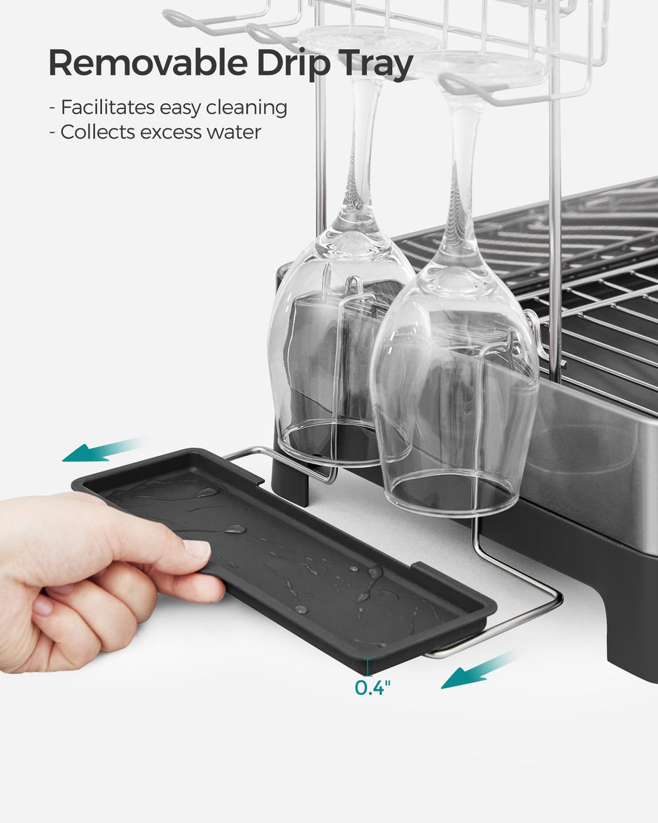 2-Tier Dish Drainer – Metal – Silver – Rotatable and Extendable Drain Spout with Draining Board and Drip Tray