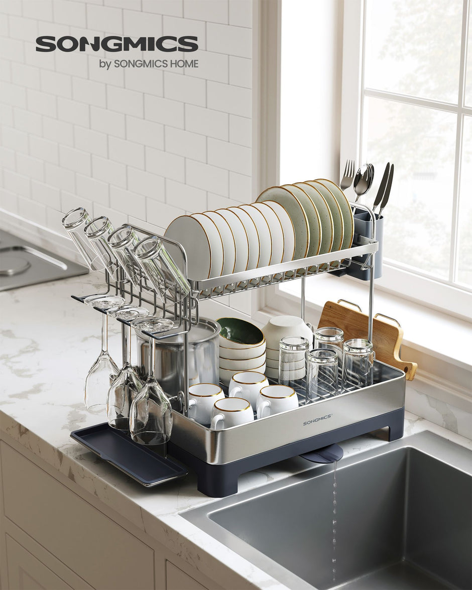 2-Tier Dish Rack – Metal – Adjustable – Rotatable and Extendable Drain Spout