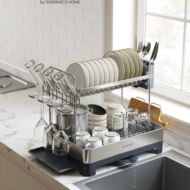 2-Tier Dish Rack – Metal – Adjustable – Rotatable and Extendable Drain Spout