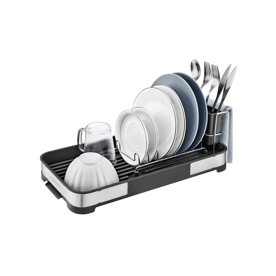 Dish Drying Rack – Stainless Steel – Silver and Black – Mini Design with Drain and Utensil Holder