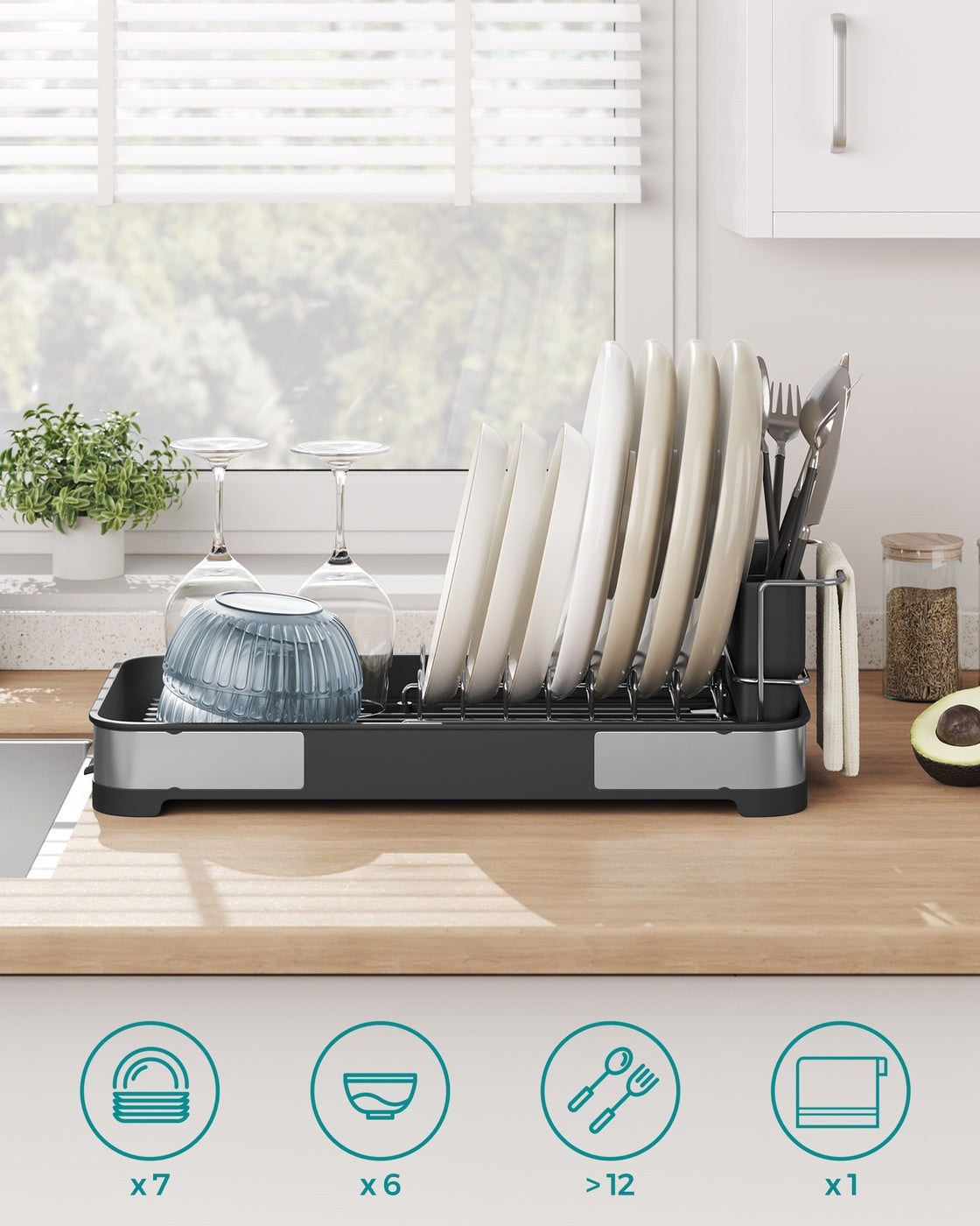 Dish Drying Rack – Stainless Steel – Silver and Black – Mini Design with Drain and Utensil Holder