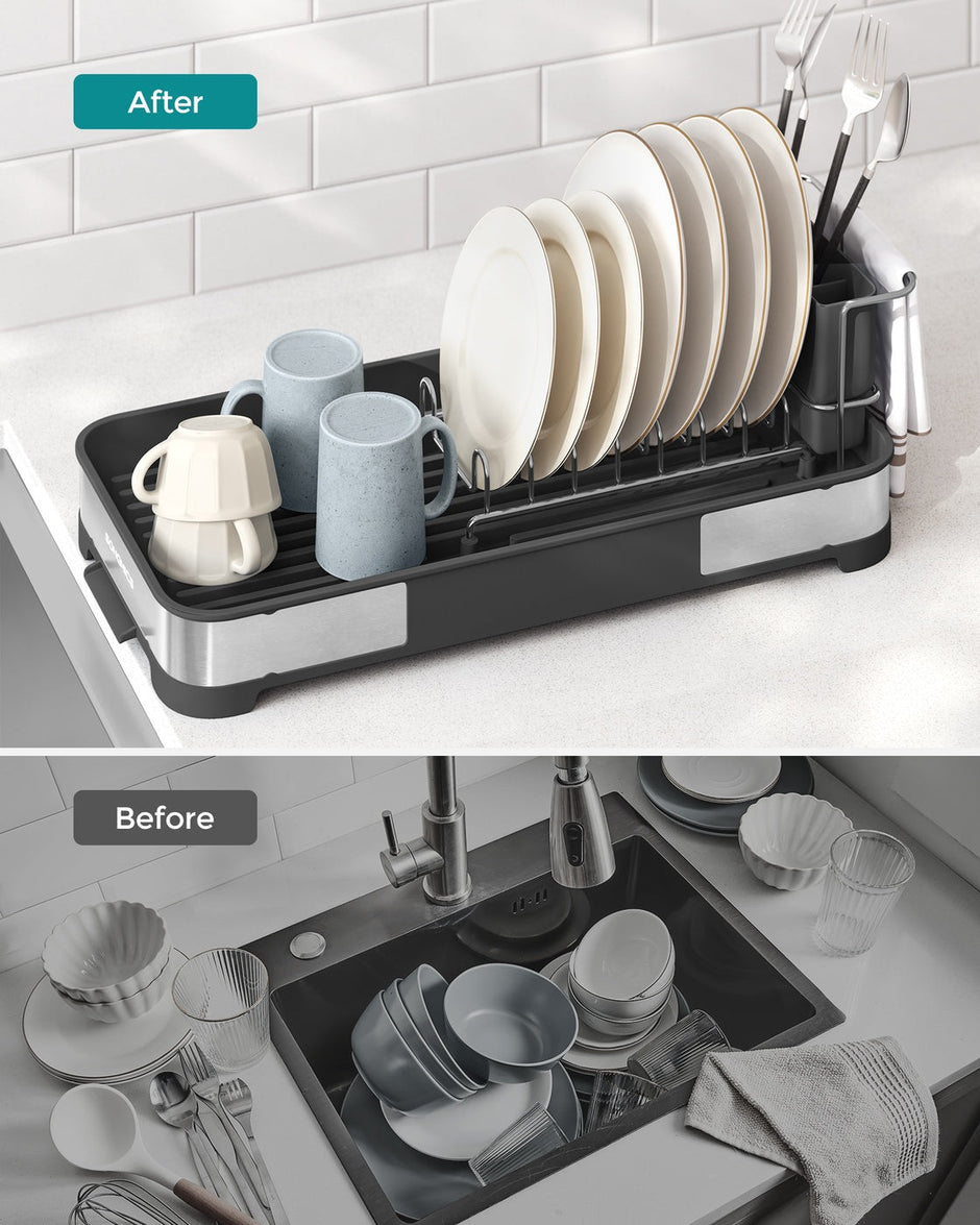 Dish Drying Rack – Stainless Steel – Silver and Black – Mini Design with Drain and Utensil Holder