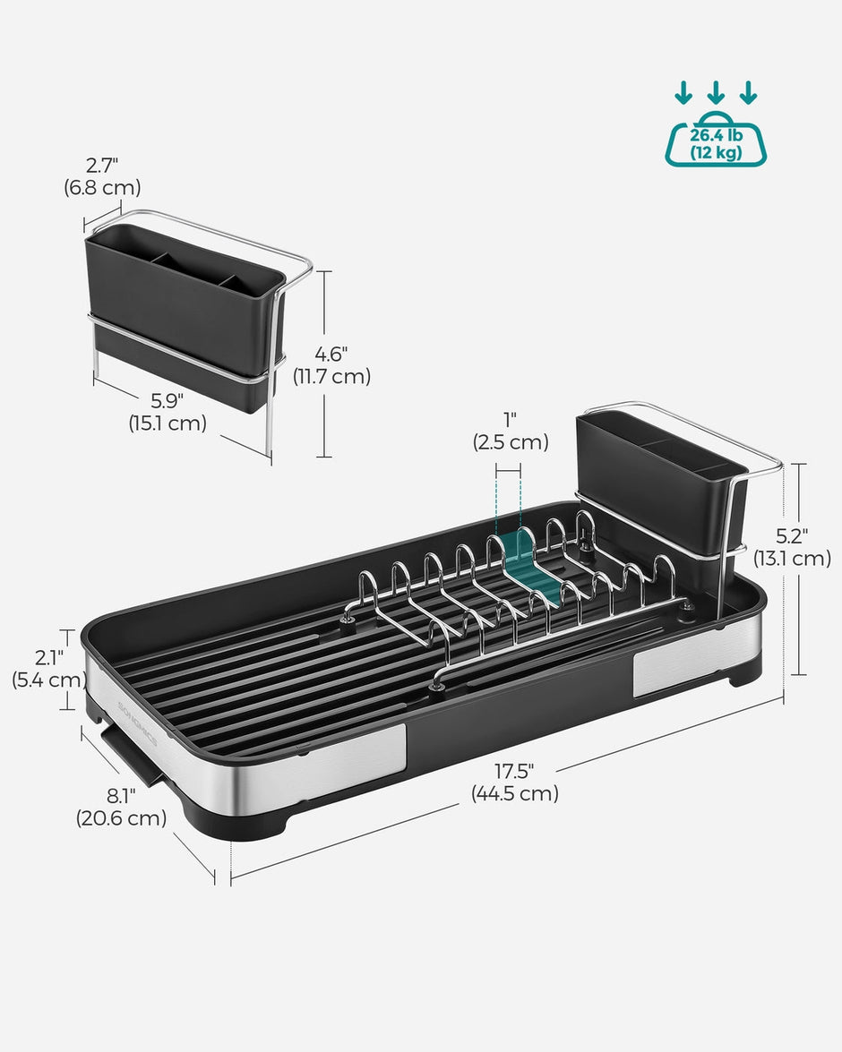 Dish Drying Rack – Stainless Steel – Silver and Black – Mini Design with Drain and Utensil Holder