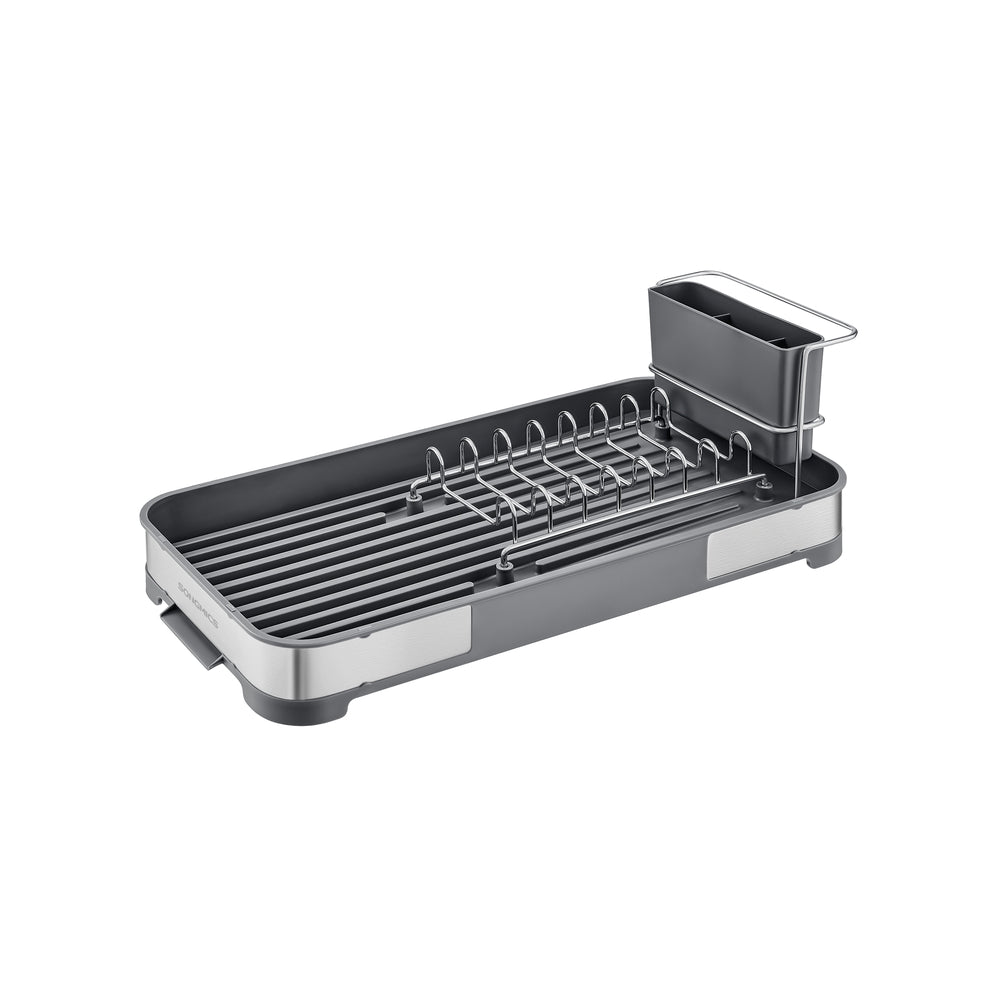 Dish Drying Rack – Stainless Steel – Silver and Black – Mini Design with Drain and Utensil Holder