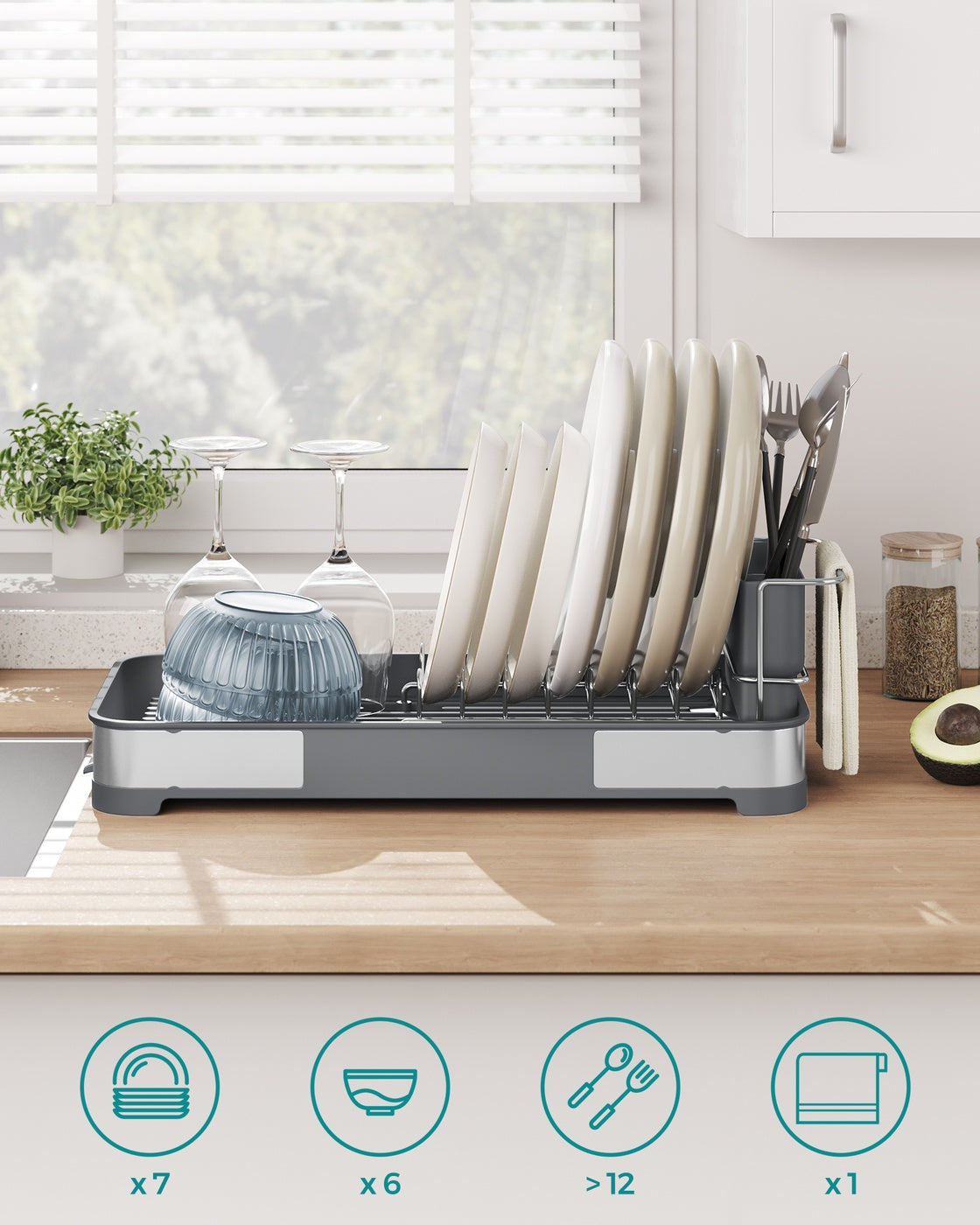 Dish Drying Rack – Stainless Steel – Silver and Black – Mini Design with Drain and Utensil Holder
