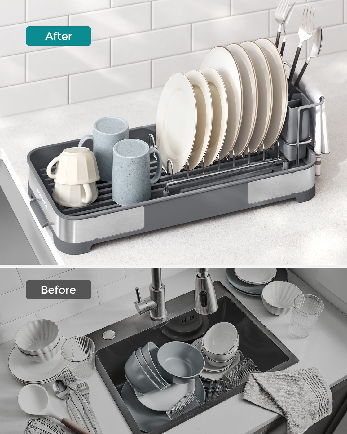 Dish Drying Rack – Stainless Steel – Silver and Black – Mini Design with Drain and Utensil Holder