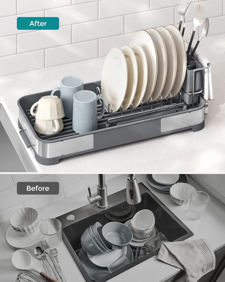 Dish Drying Rack – Stainless Steel – Silver and Black – Mini Design with Drain and Utensil Holder