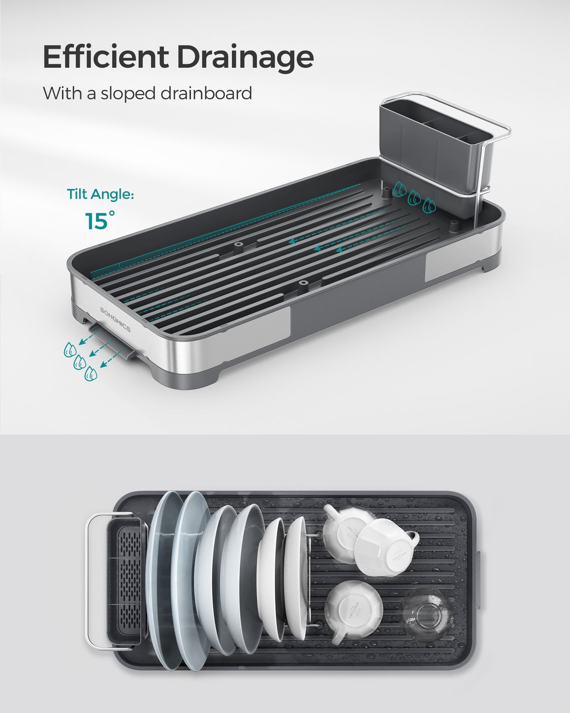 Dish Drying Rack – Stainless Steel – Silver and Black – Mini Design with Drain and Utensil Holder