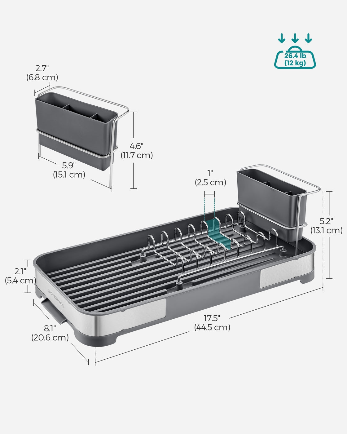 Dish Drying Rack – Stainless Steel – Silver and Black – Mini Design with Drain and Utensil Holder
