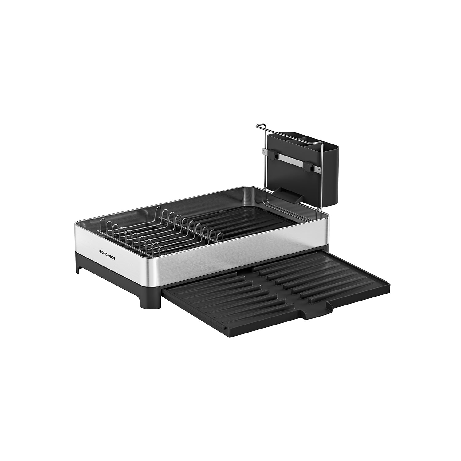 Dish Drainer Rack – Stainless Steel – Silver and Black – Expandable with Utensil Holder