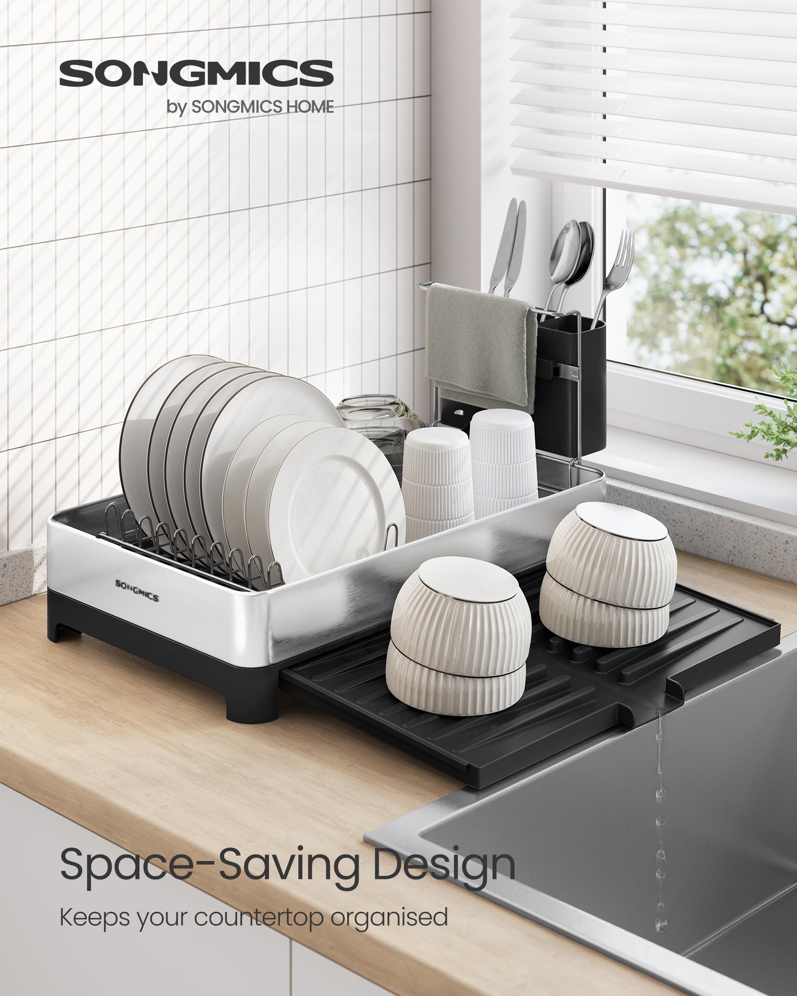 Dish Drainer Rack – Stainless Steel – Silver and Black – Expandable with Utensil Holder