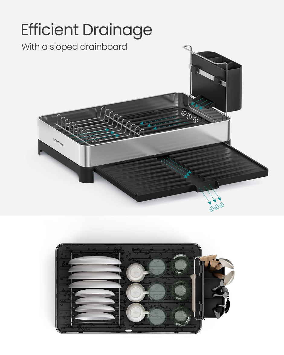Dish Drainer Rack – Stainless Steel – Silver and Black – Expandable with Utensil Holder