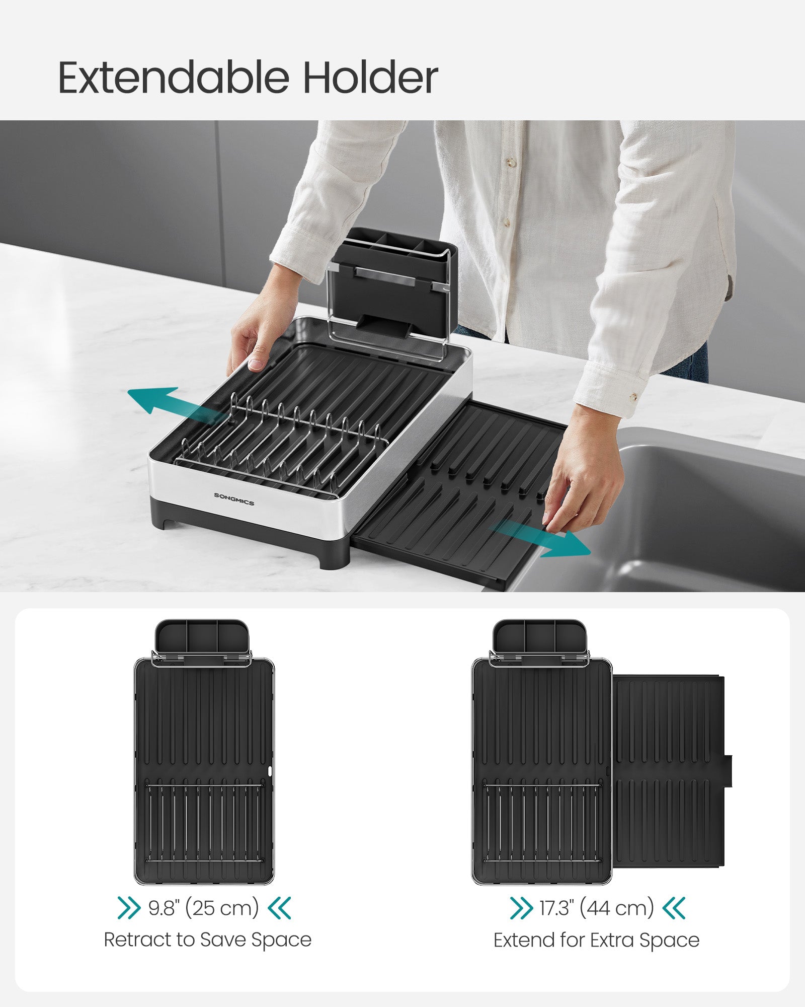 Dish Drainer Rack – Stainless Steel – Silver and Black – Expandable with Utensil Holder