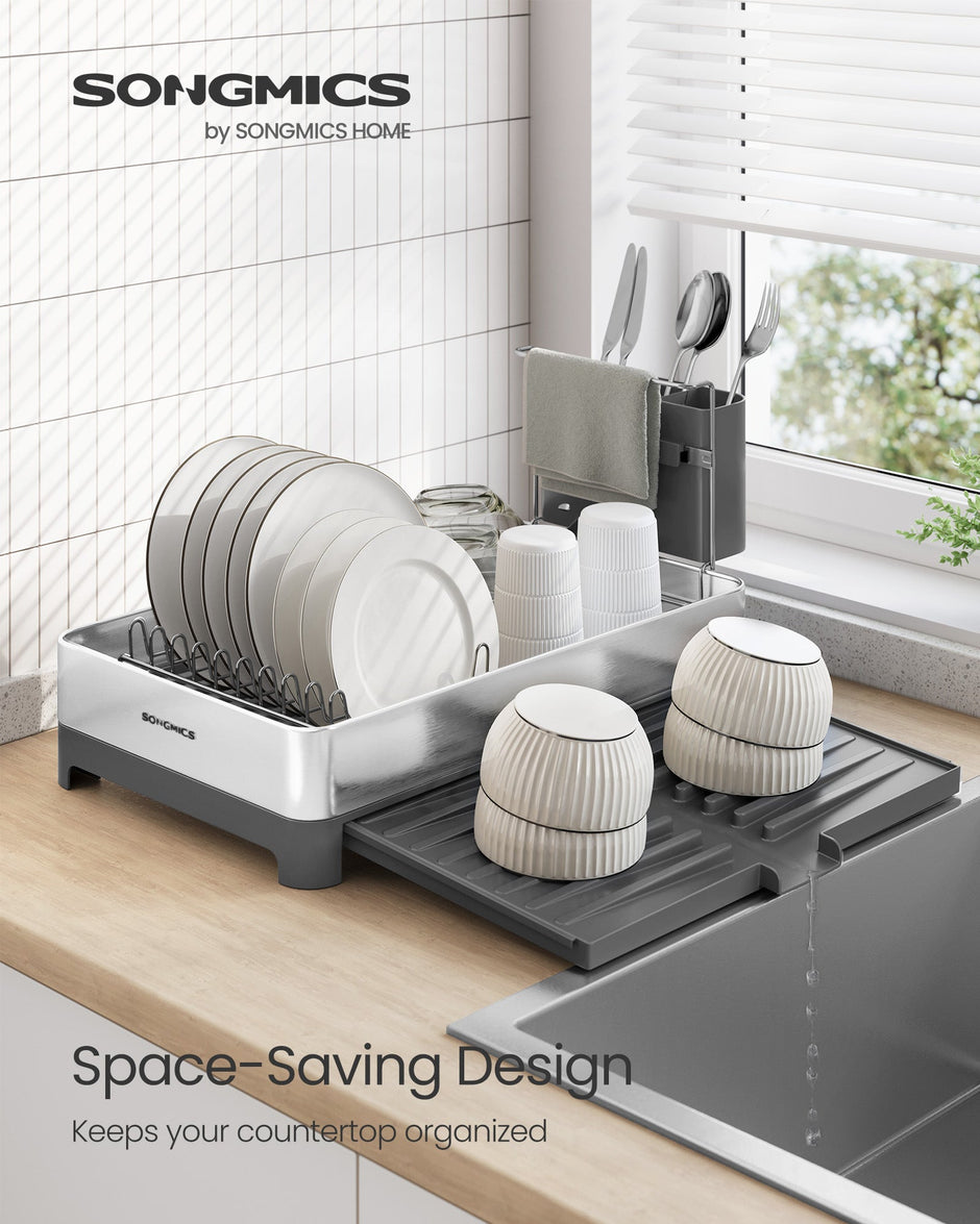 Expandable Stainless Steel Dish Drainer Rack – Silver and Grey – Rustproof with Utensil Holder
