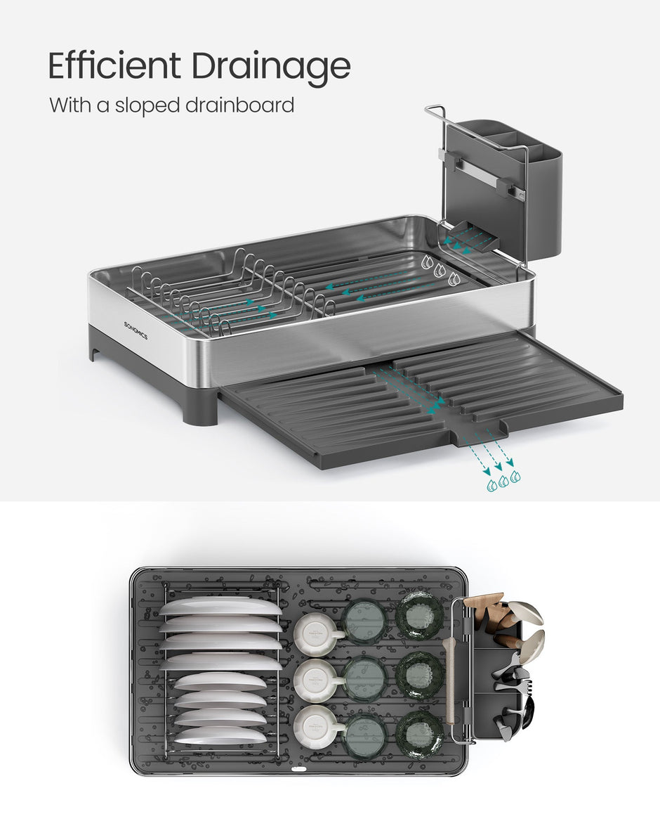 Expandable Stainless Steel Dish Drainer Rack – Silver and Grey – Rustproof with Utensil Holder