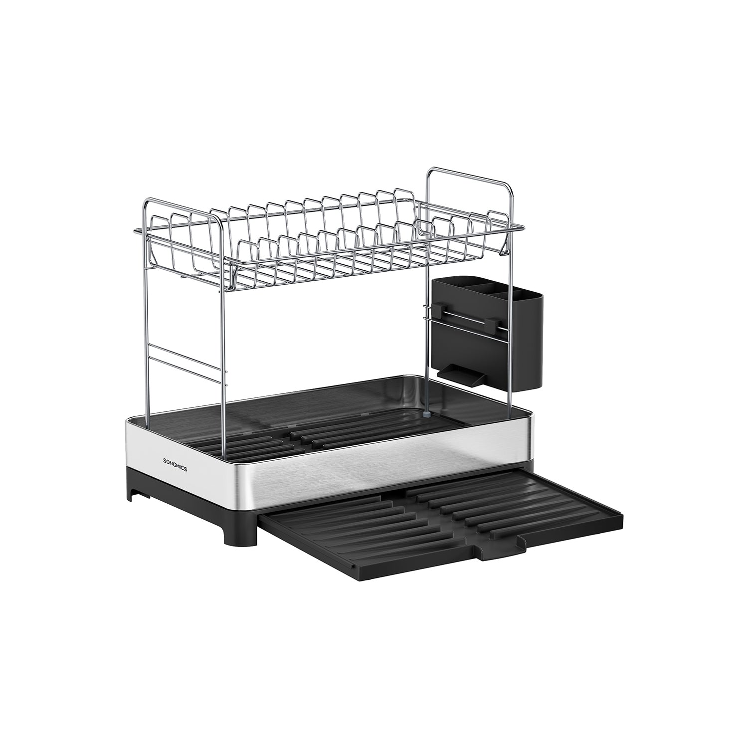 2-Tier Dish Drainer Rack – Stainless Steel – Silver and Black – Expandable with Utensil Holder