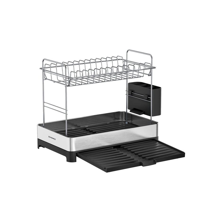 2-Tier Dish Drainer Rack – Stainless Steel – Silver and Black – Expandable with Utensil Holder