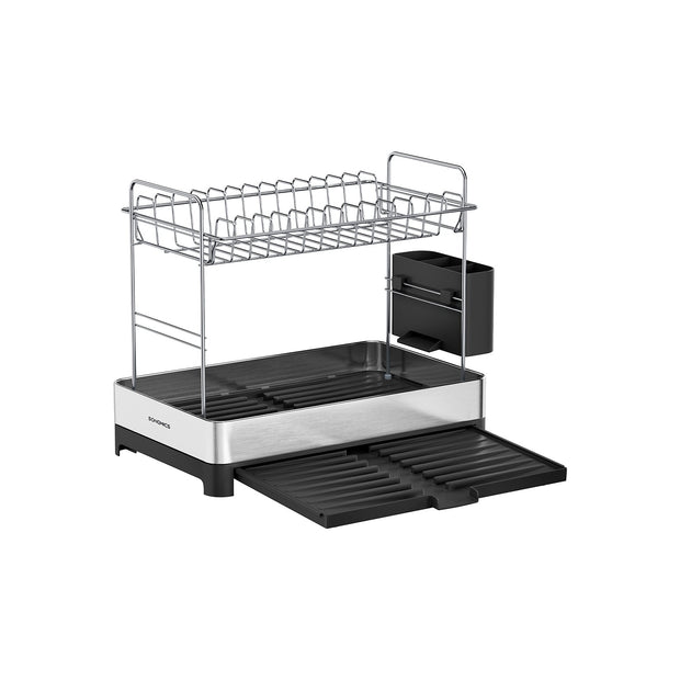 2-Tier Dish Drainer Rack – Stainless Steel – Silver and Black – Expandable with Utensil Holder
