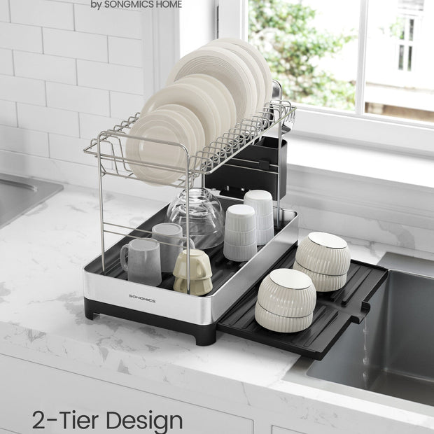 2-Tier Dish Drainer Rack – Stainless Steel – Silver and Black – Expandable with Utensil Holder