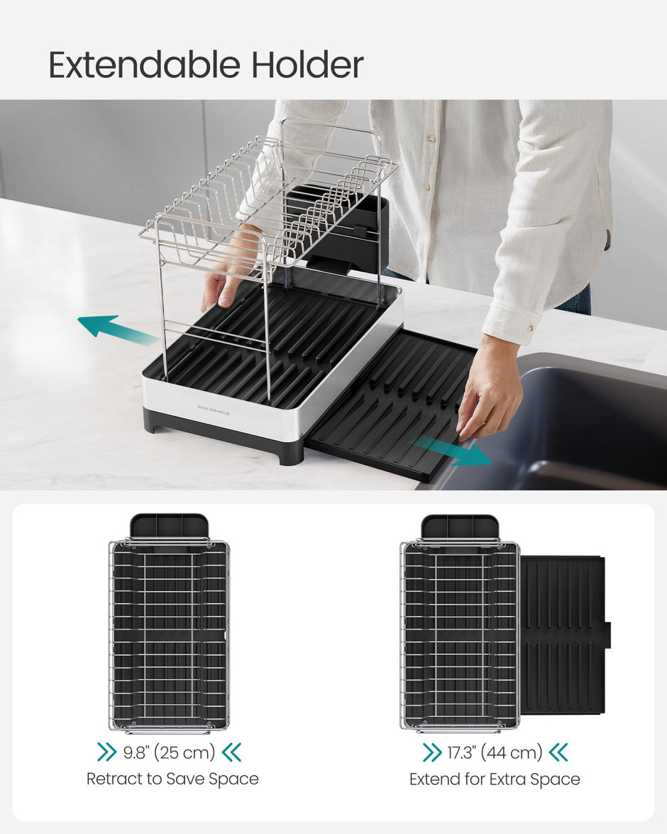 2-Tier Dish Drainer Rack – Stainless Steel – Silver and Black – Expandable with Utensil Holder