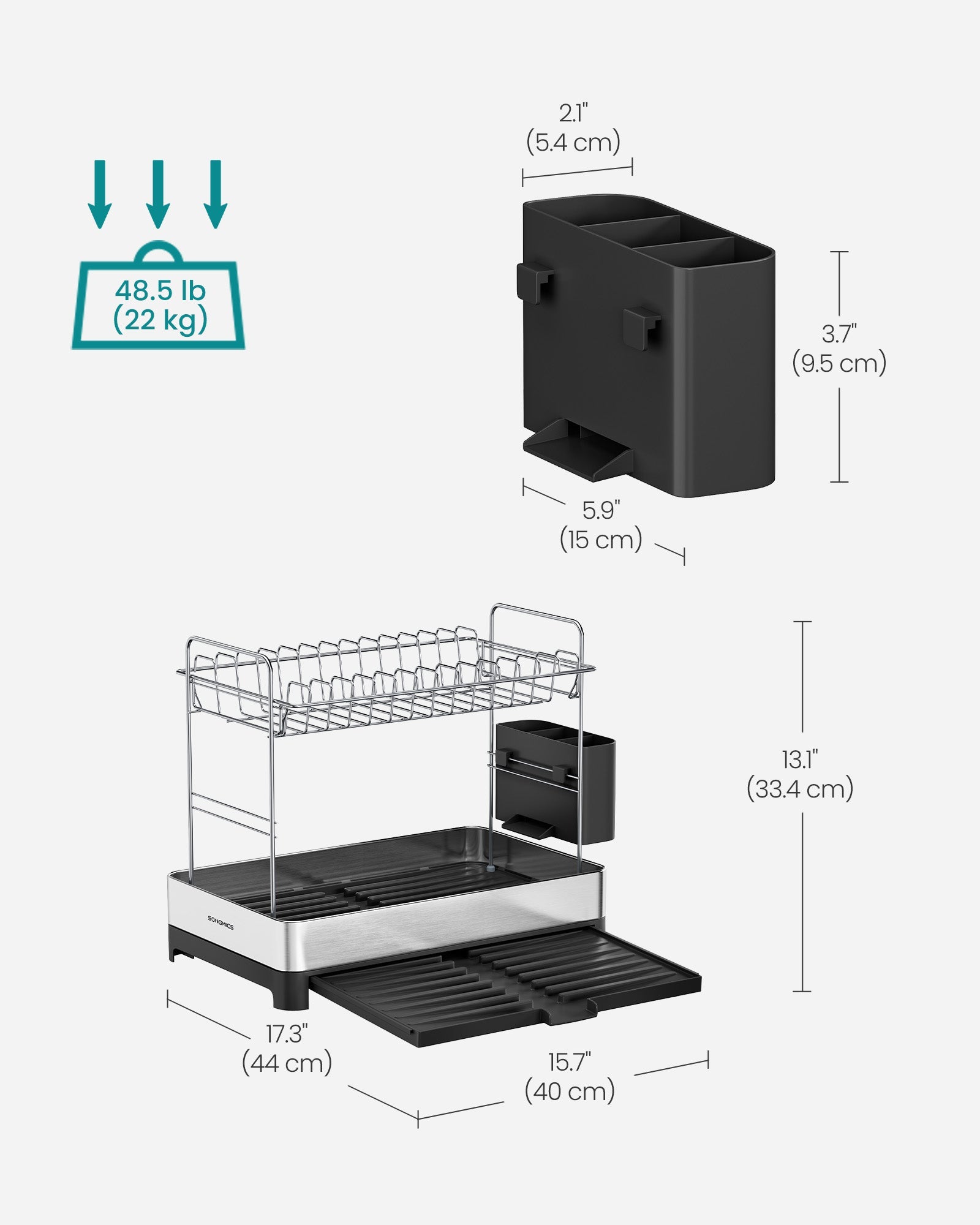 2-Tier Dish Drainer Rack – Stainless Steel – Silver and Black – Expandable with Utensil Holder