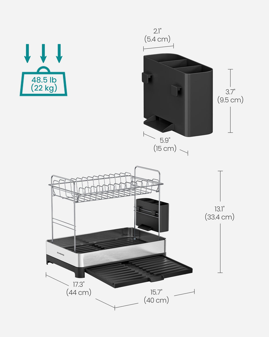 2-Tier Dish Drainer Rack – Stainless Steel – Silver and Black – Expandable with Utensil Holder