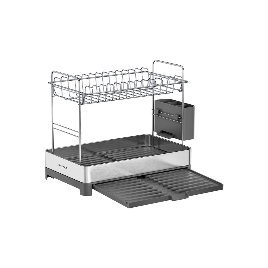 2-Tier Dish Drainer Rack – Stainless Steel – Silver and Grey – Expandable with Utensil Holder