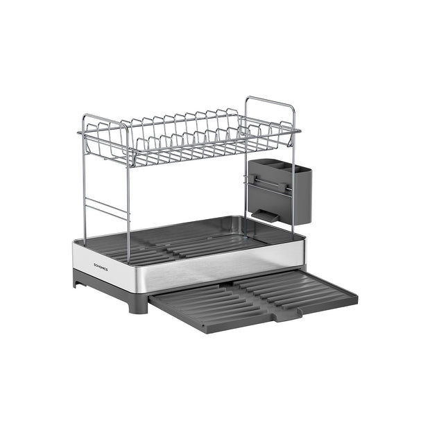 2-Tier Dish Drainer Rack – Stainless Steel – Silver and Grey – Expandable with Utensil Holder