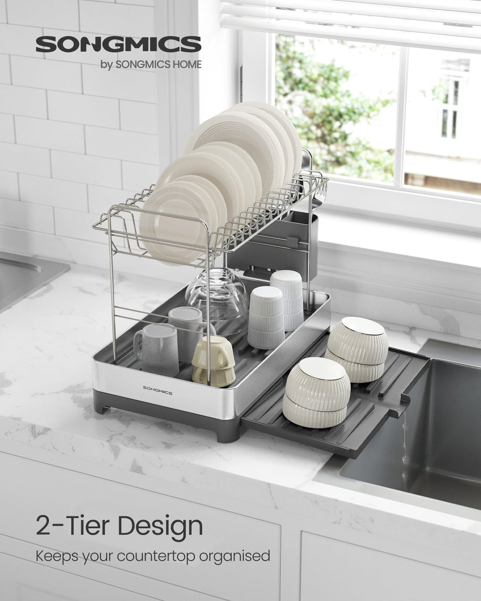 2-Tier Dish Drainer Rack – Stainless Steel – Silver and Grey – Expandable with Utensil Holder