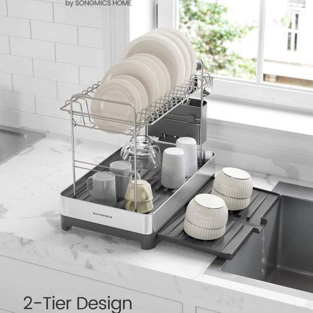2-Tier Dish Drainer Rack – Stainless Steel – Silver and Grey – Expandable with Utensil Holder