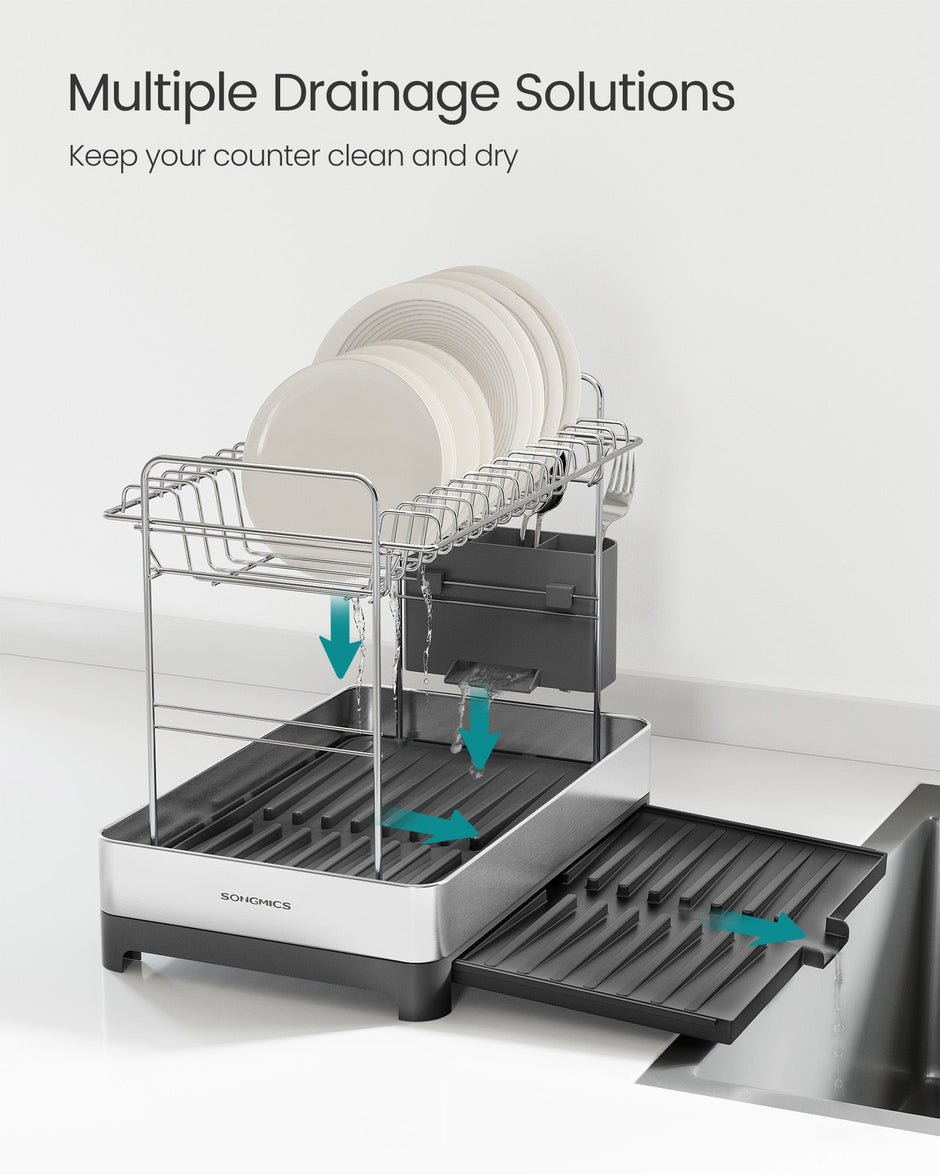 2-Tier Dish Drainer Rack – Stainless Steel – Silver and Grey – Expandable with Utensil Holder