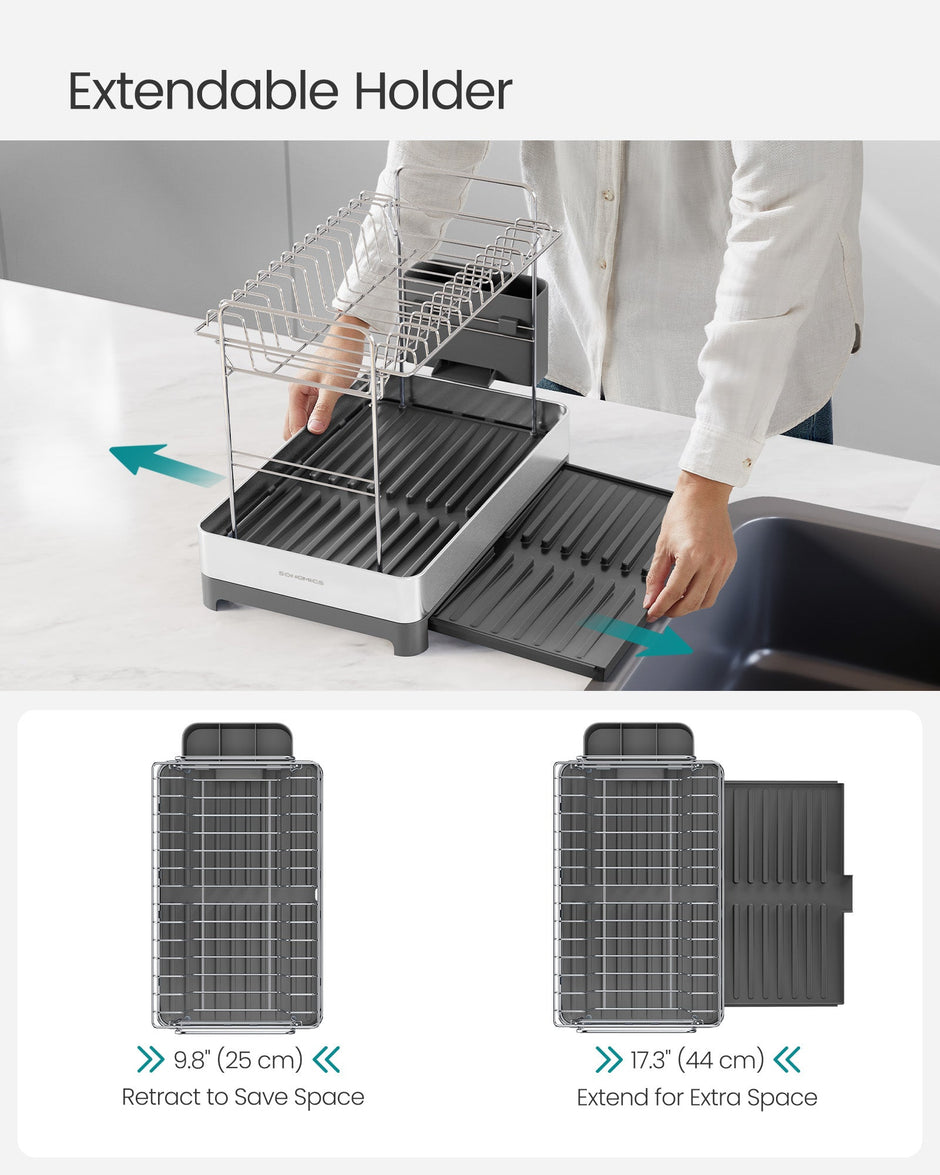 2-Tier Dish Drainer Rack – Stainless Steel – Silver and Grey – Expandable with Utensil Holder