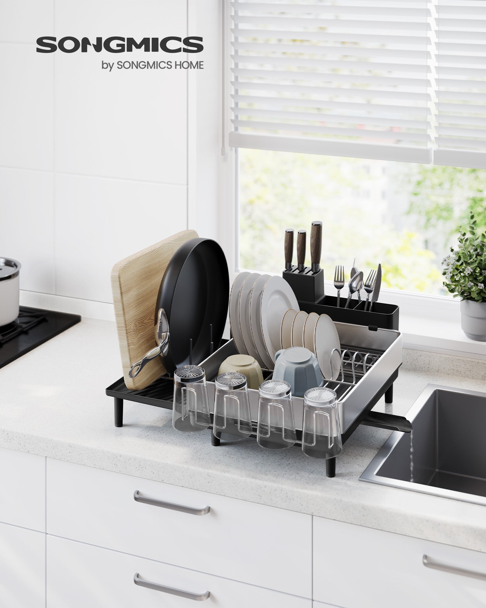 Expandable Dish Drainer Rack – Stainless Steel – Silver and Ink Black – Rotatable Spout and Multi-Holder Design